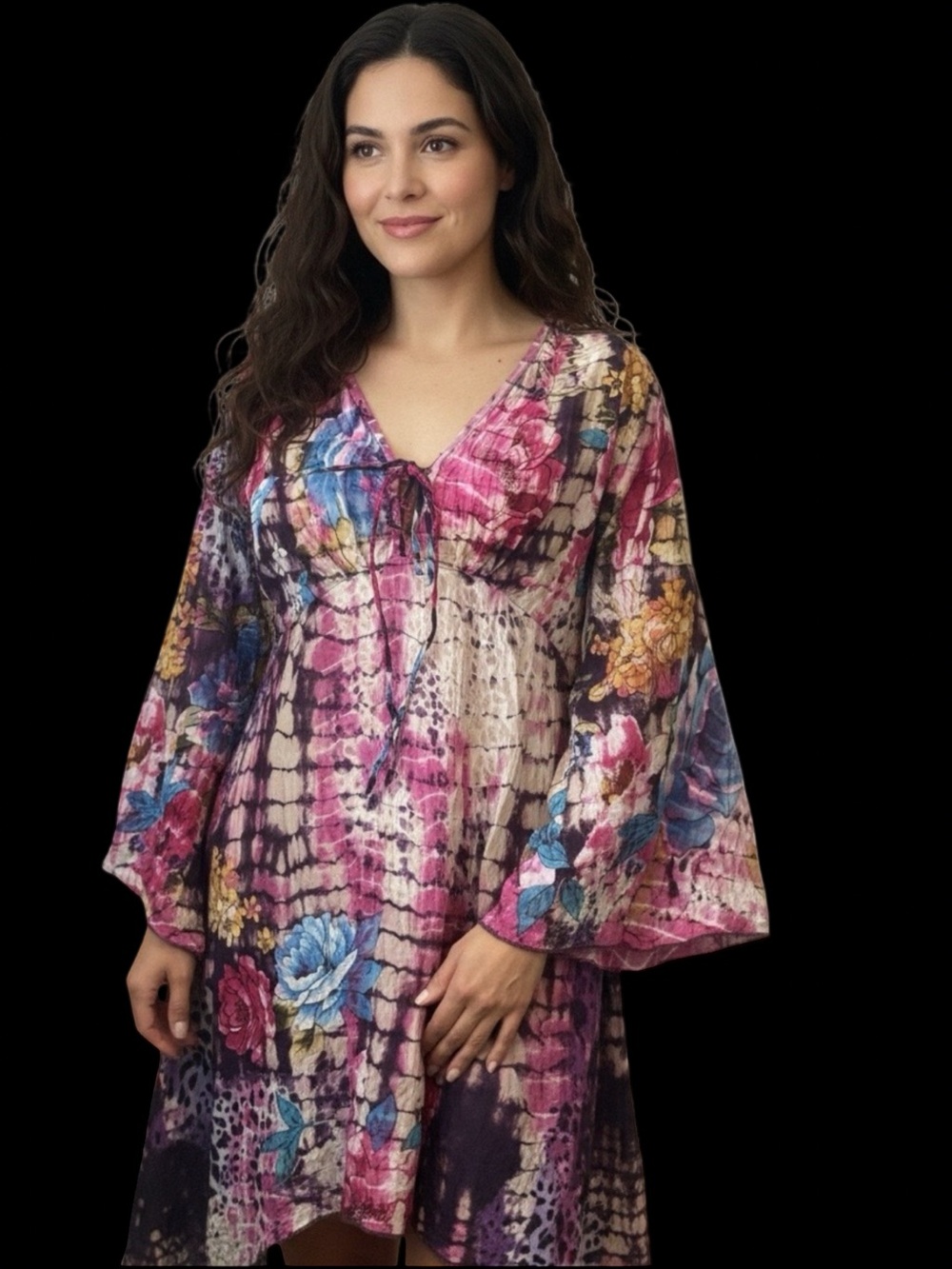 Babydoll Tie Front Flowy Asymmetric Floral Romantic Bell Sleeve boho dress Large
